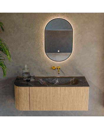 Mondiaz Kurve-Dlux 115cm badmeubel ronding Links kleur Oak met 1 lade en 1 deur. Wastafel Big small Rechts zonder kraangat Lava.