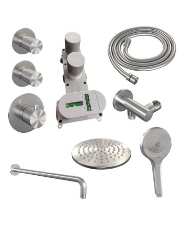 BRAUER Brushed Carving thermostatische inbouw regendouche SET 09 met 20 cm douchekop en gebogen muurarm en 3-standen handdouche en doucheslang en wandaansluitbocht RVS geborsteld PVD