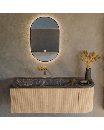 Mondiaz Kurve-Dlux 125cm badmeubel ronding Rechts kleur Oak met 1 lade en 1 deur. Wastafel Big medium Links zonder kraangat Lava.