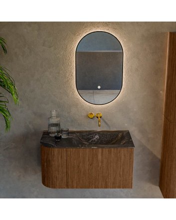 Mondiaz Kurve-Dlux 85cm badmeubel ronding Links kleur Walnut met 1 lade en 1 deur. Wastafel Cloud Rechts zonder kraangat Lava.