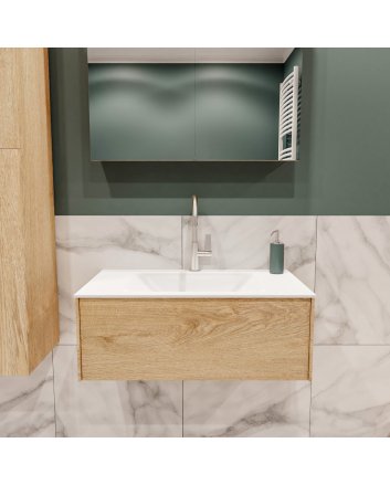 Mondiaz Lush 80cm badmeubel washed oak 1 lade wastafel Cloud midden 1 kraangat