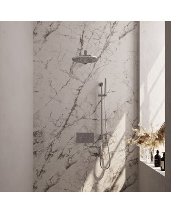 BRAUER Chrome Edition thermostatische inbouw regendouche met drukknoppen SET 62 met 30 cm douchekop en rechte muurarm en staaf handdouche en doucheslang en geïntegreerde glijstang chroom