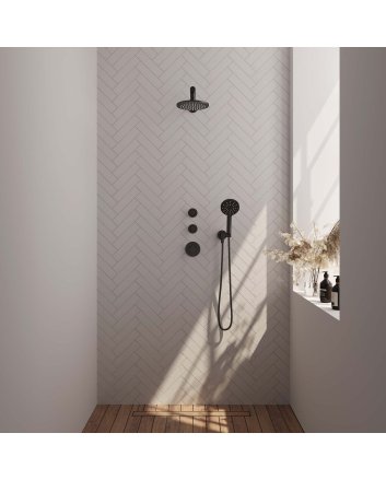 BRAUER Black Carving thermostatische inbouw regendouche SET 07 met 20 cm douchekop en rechte muurarm en 3-standen handdouche en doucheslang en wandaansluitbocht mat zwart