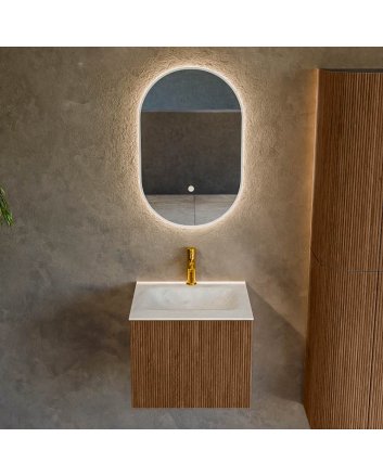 Mondiaz Kurve-Dlux 50cm badmeubel kleur Walnut met 1 lade en 0 deuren. Wastafel Grunne Midden 1 kraangat Opalo.