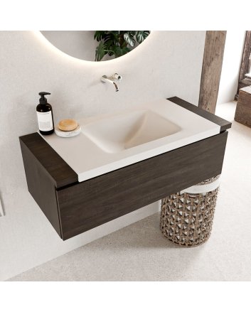 Mondiaz Bukla 100cm badmeubel onderkast kleur Dark Brown met 1 lade. Wastafel Cloud midden 0 kraangaten kleur Talc.