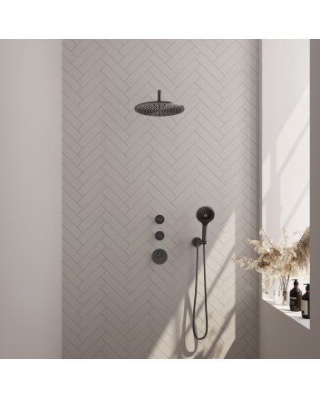 BRAUER Gunmetal Edition thermostatische inbouw regendouche SET 10 met 30 cm douchekop en gebogen muurarm en 3-standen handdouche en doucheslang en wandaansluitbocht gunmetal geborsteld PVD