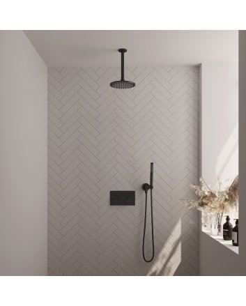 BRAUER Black Carving thermostatische inbouw regendouche met drukknoppen SET 53 met 20 cm douchekop en plafondarm en staaf handdouche en doucheslang en wandaansluitbocht mat zwart