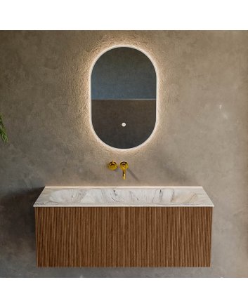 Mondiaz Kurve-Dlux 110cm badmeubel kleur Walnut met 1 lade en 0 deuren. Wastafel Big medium Midden zonder kraangat Glace.