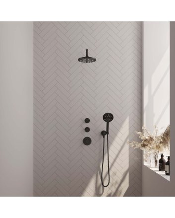 BRAUER Black Edition thermostatische inbouw regendouche SET 09 met 20 cm douchekop en gebogen muurarm en 3-standen handdouche en doucheslang en wandaansluitbocht mat zwart