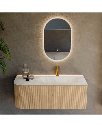 Mondiaz Kurve-Dlux 115cm badmeubel ronding Links kleur Oak met 1 lade en 1 deur. Wastafel Big small Rechts 1 kraangat Ostra.