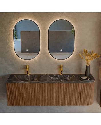 Mondiaz Kurve-Dlux 145cm badmeubel ronding Rechts kleur Walnut met 1 lade en 1 deur. Wastafel Leaf Dubbel / Links 2 kraangaten Lava.