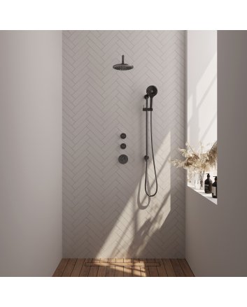 BRAUER Gunmetal Edition thermostatische inbouw regendouche SET 21 met 20 cm douchekop en gebogen muurarm en 3-standen handdouche en doucheslang en geïntegreerde glijstang gunmetal geborsteld PVD