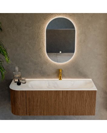 Mondiaz Kurve-Dlux 125cm badmeubel ronding Links kleur Walnut met 1 lade en 1 deur. Wastafel Big medium Rechts 1 kraangat Ostra.