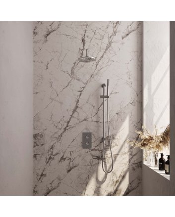 BRAUER Brushed Carving thermostatische inbouw regendouche 3-weg omstelling SET 39 met 20 cm douchekop en gebogen muurarm en staaf handdouche en doucheslang en geïntegreerde glijstang RVS geborsteld PVD