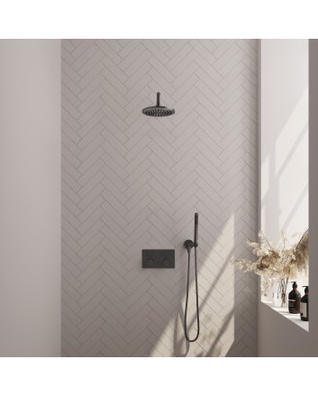 BRAUER Gunmetal Edition thermostatische inbouw regendouche met drukknoppen SET 51 met 20 cm douchekop en gebogen muurarm en staaf handdouche en doucheslang en wandaansluitbocht gunmetal geborsteld PVD