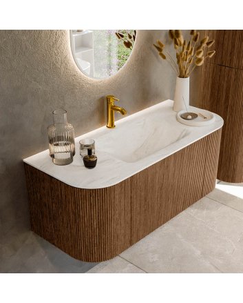 Mondiaz Kurve-Dlux 110cm badmeubel ronding Links + Rechts kleur Walnut met 1 lade en 2 deuren. Wastafel Cloud Midden 1 kraangat Ostra.