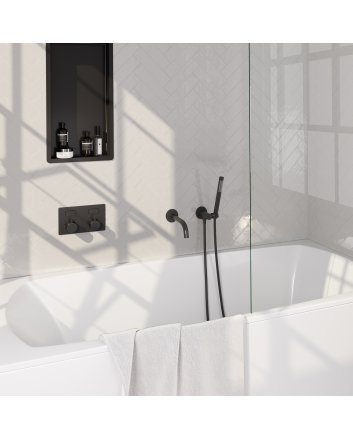 BRAUER Black Edition thermostatische inbouw badkraan met drukknoppen SET 03 met uitloop en staaf handdouche en doucheslang en wandaansluitbocht mat zwart