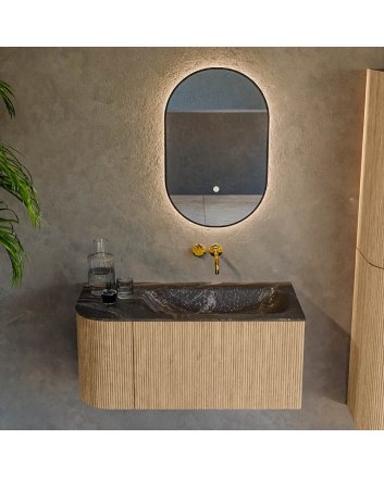 Mondiaz Kurve-Dlux 95cm badmeubel ronding Links kleur Oak met 1 lade en 1 deur. Wastafel Big small Rechts zonder kraangat Lava.