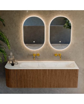 Mondiaz Kurve-Dlux 145cm badmeubel ronding Links kleur Walnut met 1 lade en 1 deur. Wastafel Big large Rechts zonder kraangat Ostra.