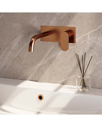 BRAUER Copper Edition inbouw wastafelmengkraan met gebogen uitloop en afdekplaat model C1 koper geborsteld PVD