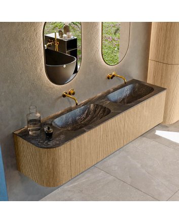 Mondiaz Kurve-Dlux 175cm badmeubel ronding Links kleur Oak met 2 lades en 1 deur. Wastafel Stor small Dubbel / Rechts zonder kraangat Lava.