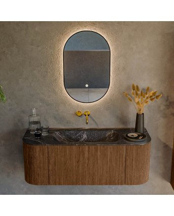 Mondiaz Kurve-Dlux 120cm badmeubel ronding Links + Rechts kleur Walnut met 1 lade en 2 deuren. Wastafel Big small Midden zonder kraangat Lava.