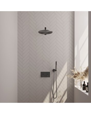 BRAUER Gunmetal Carving thermostatische inbouw regendouche met drukknoppen SET 50 met 30 cm douchekop en rechte muurarm en staaf handdouche en doucheslang en wandaansluitbocht gunmetal geborsteld PVD