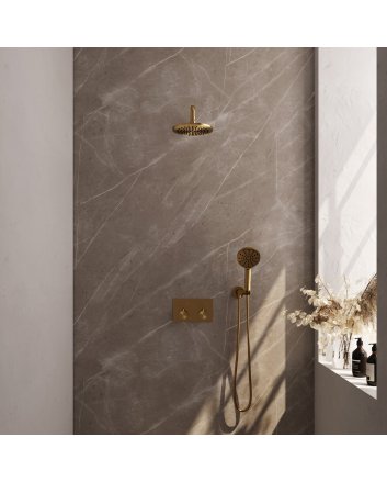 BRAUER Gold Edition thermostatische inbouw regendouche met drukknoppen SET 57 met 20 cm douchekop en gebogen muurarm en 3-standen handdouche en doucheslang en wandaansluitbocht goud geborsteld PVD