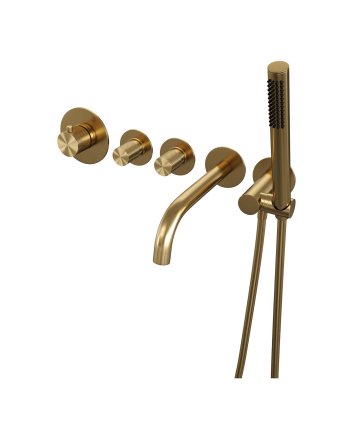 BRAUER Gold Carving thermostatische inbouw badkraan SET 01 met uitloop en staaf handdouche en doucheslang en wandaansluitbocht goud geborsteld PVD