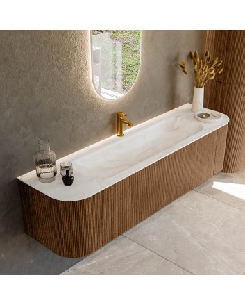 Mondiaz Kurve-Dlux 170cm badmeubel ronding Links + Rechts kleur Walnut met 1 lade en 2 deuren. Wastafel Big large Midden 1 kraangat Ostra.