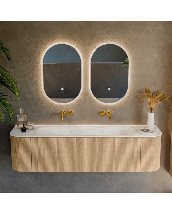 Mondiaz Kurve-Dlux 170cm badmeubel ronding Links + Rechts kleur Oak met 1 lade en 2 deuren. Wastafel Big large Midden zonder kraangat Ostra.