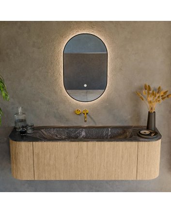 Mondiaz Kurve-Dlux 150cm badmeubel ronding Links + Rechts kleur Oak met 1 lade en 2 deuren. Wastafel Big medium Midden zonder kraangat Lava.