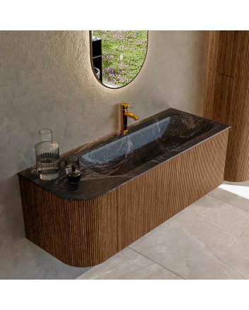 Mondiaz Kurve-Dlux 125cm badmeubel ronding Links kleur Walnut met 1 lade en 1 deur. Wastafel Big medium Rechts 1 kraangat Lava.