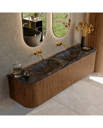 Mondiaz Kurve-Dlux 170cm badmeubel ronding Links + Rechts kleur Walnut met 1 lade en 2 deuren. Wastafel Leaf Dubbel zonder kraangat Lava.