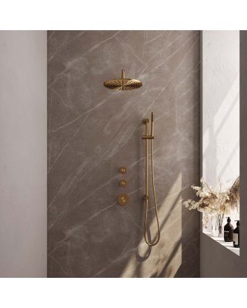 BRAUER Gold Edition thermostatische inbouw regendouche SET 16 met 30 cm douchekop en gebogen muurarm en staaf handdouche en doucheslang en geïntegreerde glijstang goud geborsteld PVD