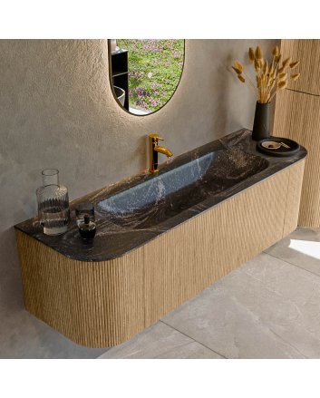 Mondiaz Kurve-Dlux 150cm badmeubel ronding Links + Rechts kleur Oak met 1 lade en 2 deuren. Wastafel Big medium Midden 1 kraangat Lava.