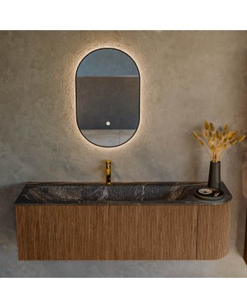 Mondiaz Kurve-Dlux 145cm badmeubel ronding Rechts kleur Walnut met 1 lade en 1 deur. Wastafel Big large Links 1 kraangat Lava.