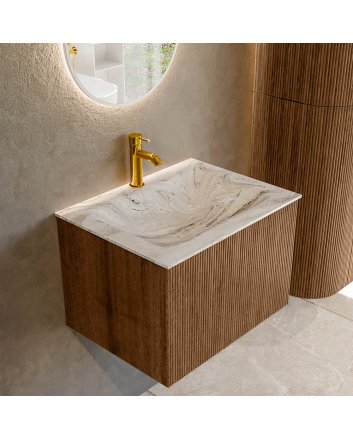Mondiaz Kurve-Dlux 60cm badmeubel kleur Walnut met 1 lade en 0 deuren. Wastafel Cloud Midden 1 kraangat Glace.