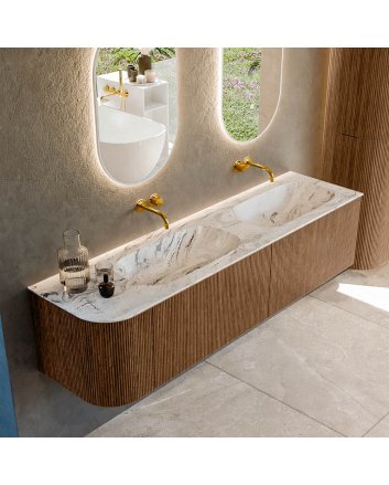 Mondiaz Kurve-Dlux 175cm badmeubel ronding Links kleur Walnut met 2 lades en 1 deur. Wastafel Stor small Dubbel / Rechts zonder kraangat Glace.