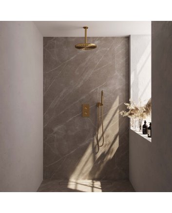BRAUER Gold Carving thermostatische inbouw regendouche 3-weg omstelling SET 30 met 30 cm douchekop en plafondarm en staaf handdouche en doucheslang en wandaansluitbocht goud geborsteld PVD