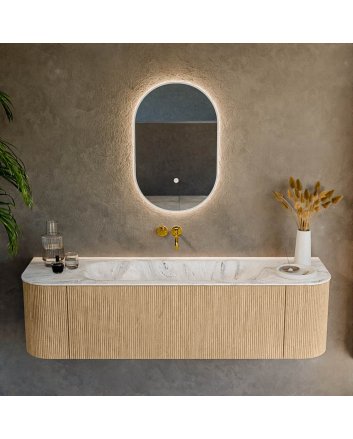 Mondiaz Kurve-Dlux 160cm badmeubel ronding Links + Rechts kleur Oak met 1 lade en 2 deuren. Wastafel Big medium Midden zonder kraangat Glace.
