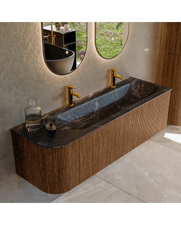 Mondiaz Kurve-Dlux 145cm badmeubel ronding Links kleur Walnut met 1 lade en 1 deur. Wastafel Big large Rechts 2 kraangaten Lava.