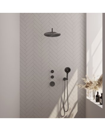 BRAUER Gunmetal Carving thermostatische inbouw regendouche SET 10 met 30 cm douchekop en gebogen muurarm en 3-standen handdouche en doucheslang en wandaansluitbocht gunmetal geborsteld PVD