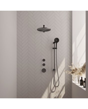 BRAUER Gunmetal Carving thermostatische inbouw regendouche SET 20 met 30 cm douchekop en rechte muurarm en 3-standen handdouche en doucheslang en geïntegreerde glijstang gunmetal geborsteld PVD