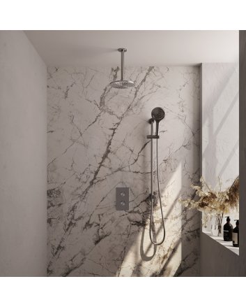 BRAUER Brushed Edition thermostatische inbouw regendouche 3-weg omstelling SET 47 met 20 cm douchekop en plafondarm en 3-standen handdouche en doucheslang en geïntegreerde glijstang RVS geborsteld PVD