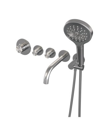 BRAUER Brushed Edition thermostatische inbouw badkraan SET 02 met uitloop en 3-standen handdouche en doucheslang en wandaansluitbocht RVS geborsteld PVD