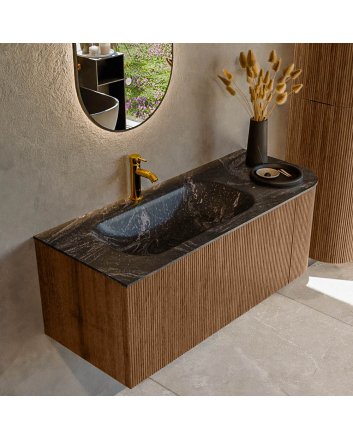 Mondiaz Kurve-Dlux 115cm badmeubel ronding Rechts kleur Walnut met 1 lade en 1 deur. Wastafel Big small Links 1 kraangat Lava.