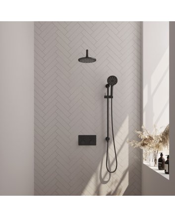 BRAUER Black Carving thermostatische inbouw regendouche met drukknoppen SET 69 met 20 cm douchekop en gebogen muurarm en 3-standen handdouche en doucheslang en geïntegreerde glijstang mat zwart
