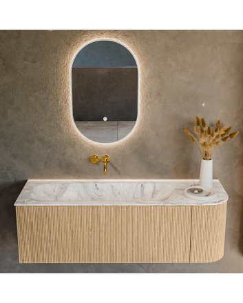 Mondiaz Kurve-Dlux 135cm badmeubel ronding Rechts kleur Oak met 1 lade en 1 deur. Wastafel Big medium Links zonder kraangat Glace.