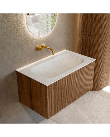 Mondiaz Kurve-Dlux 80cm badmeubel kleur Walnut met 1 lade en 0 deuren. Wastafel Big small Midden zonder kraangat Opalo.